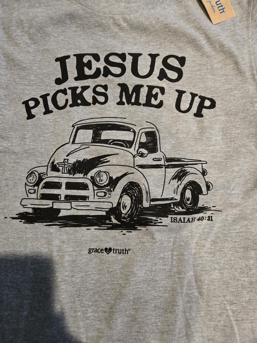 Grace & Truth Womens 'Jesus Picks Me Up' Heather Gray Tee NWT